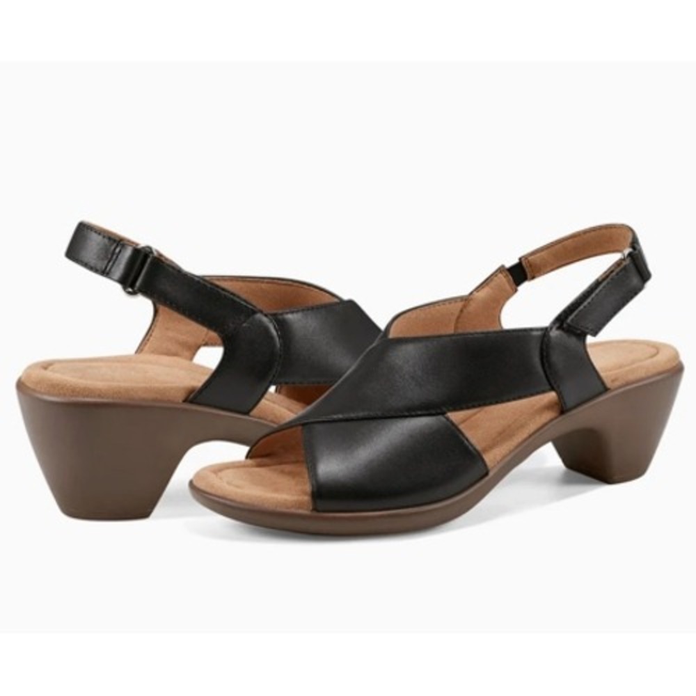 Easy Spirit Chantal Black Leather Slingback Block Heel Sandals Womens 8.5 M